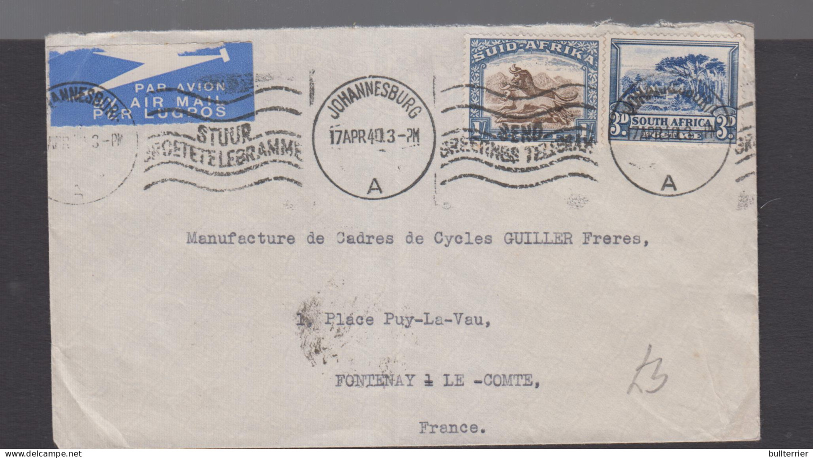 AIRMAILS - SOUTH AFRICA - 1940 - AIRMAIL COVER JO BURG TO FONTENAY LE COMTE  - Aéreo