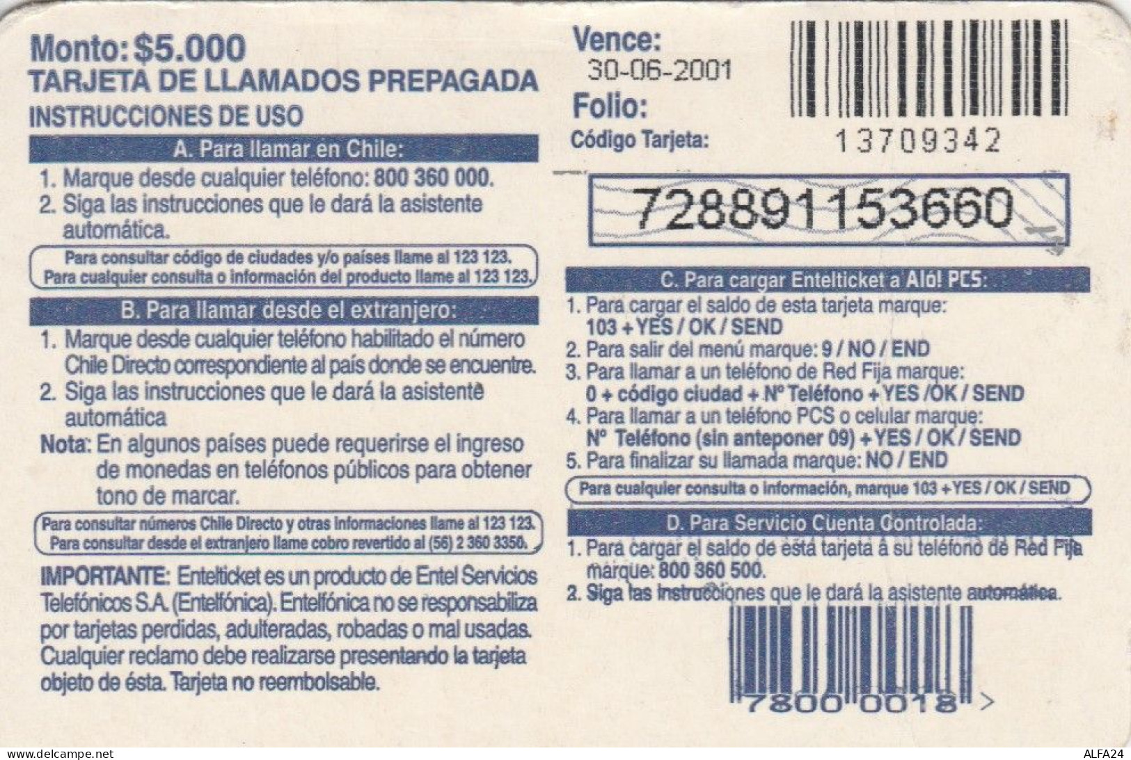 PREPAID PHONE CARD CILE (E67.50.5 - Chile