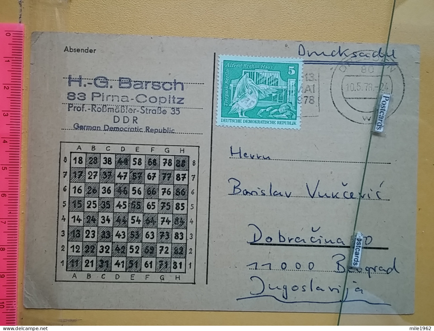 KOV 487-23- Correspondence Chess Fernschach Postcard, Pirna-Copitz - BELGRADE, Schach Chess Ajedrez échecs - Echecs