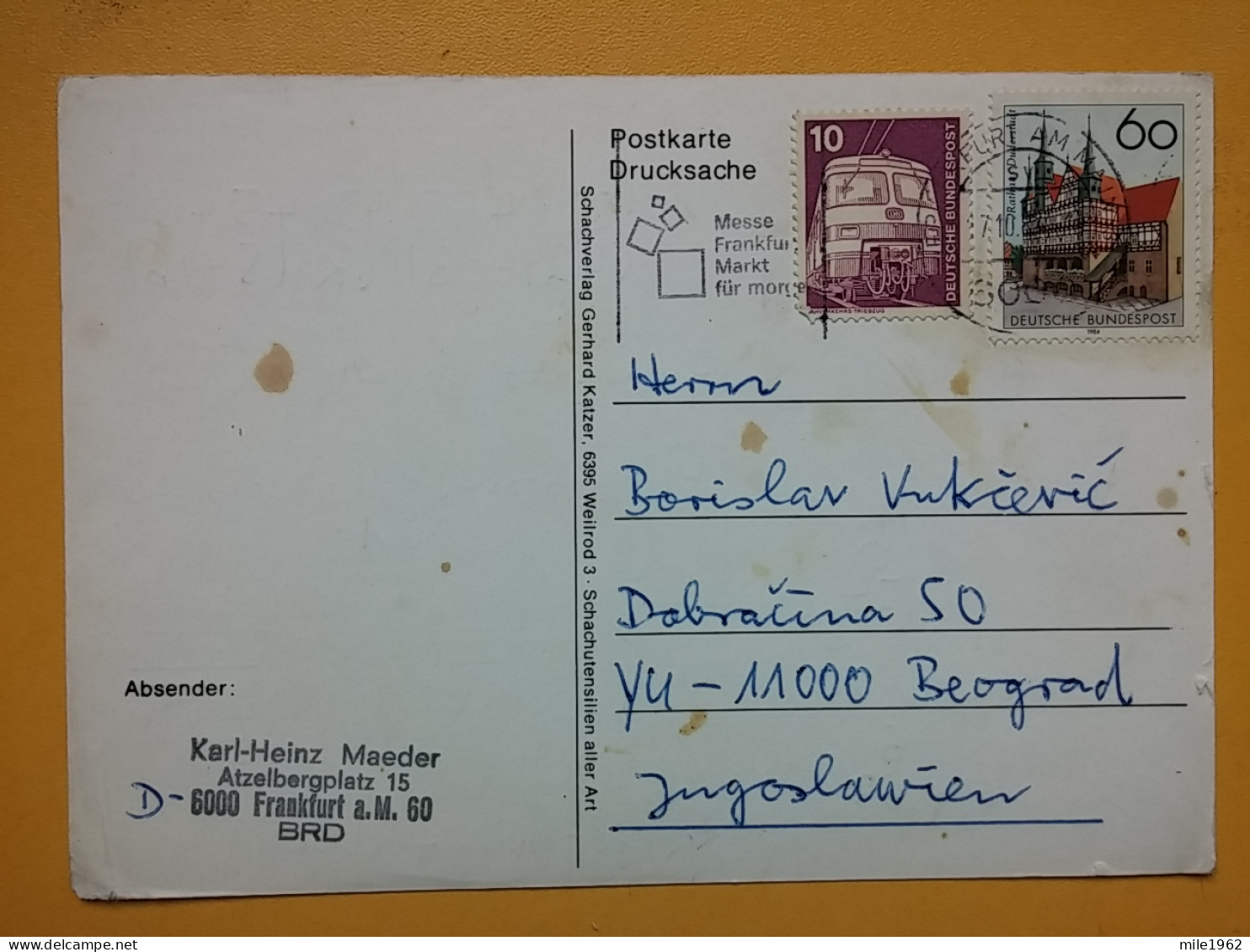 KOV 487-27 - Correspondence Chess Fernschach Postcard, FRANKFURT - BELGRADE, Schach Chess Ajedrez échecs - Schach