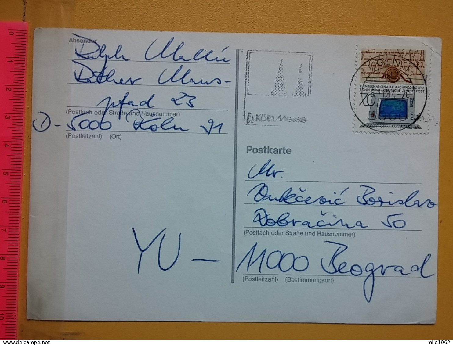 KOV 487-28- Correspondence Chess Fernschach Postcard, KOLN - BELGRADE, Schach Chess Ajedrez échecs,  - Schaken