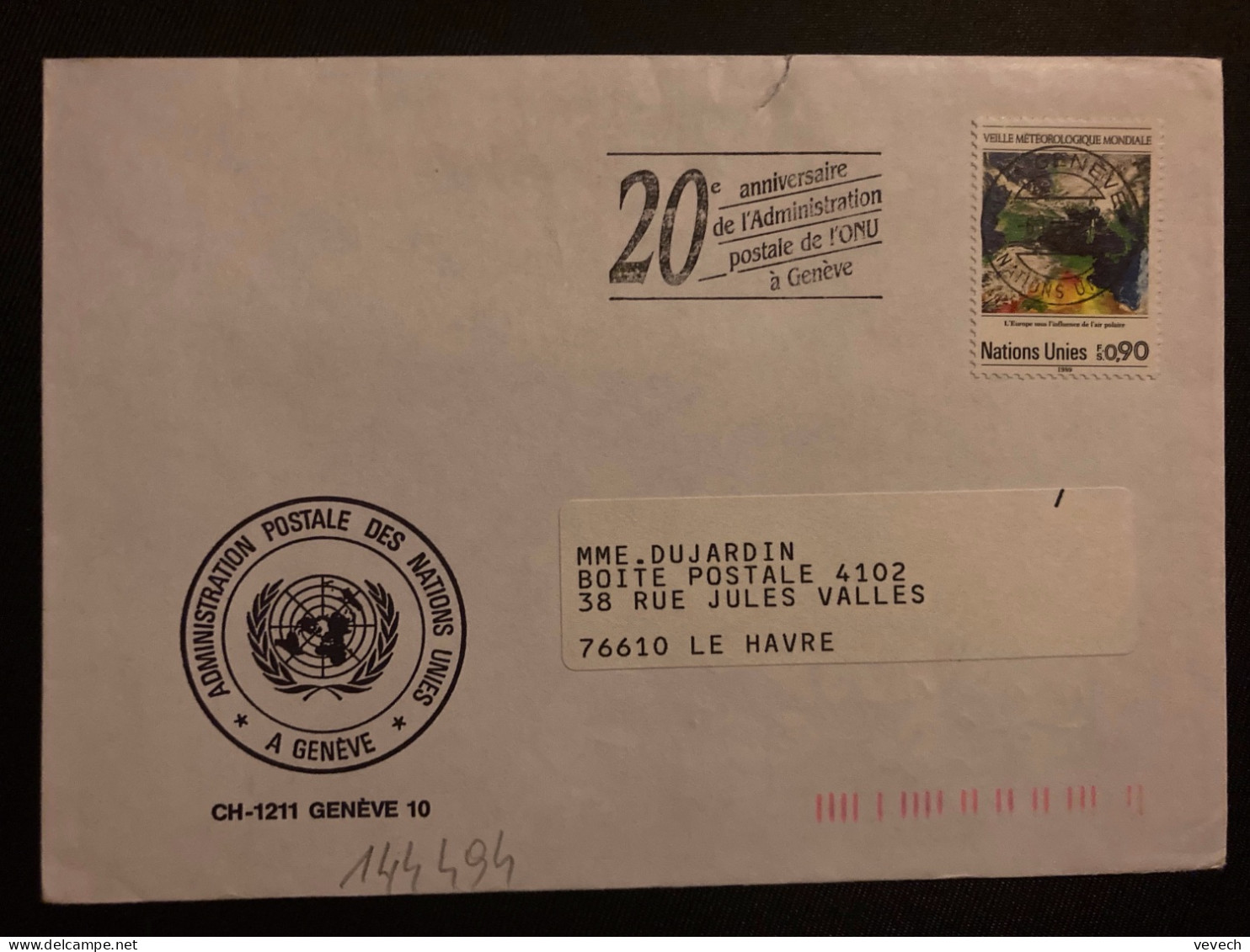 LETTRE TP VEILLE METEOROLOGIQUE MONDIALE 0,90 OBL.MEC.6 12 89 GENEVE - Storia Postale