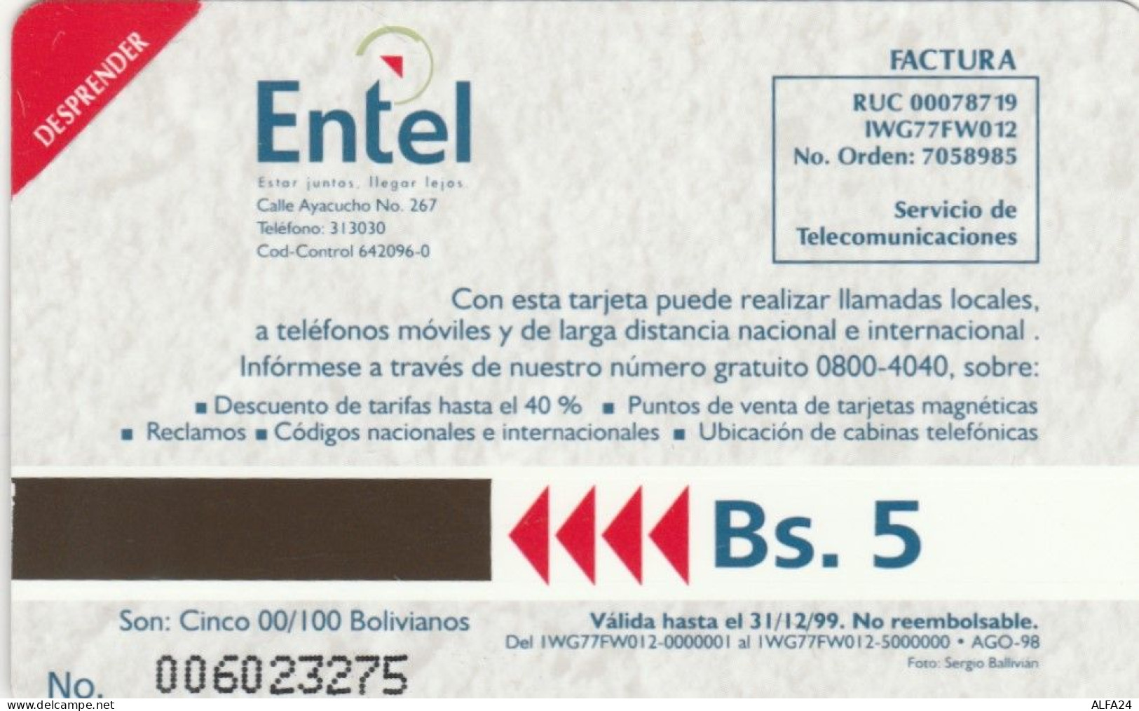 PHONE CARD BOLIVIA URMET NUOVA (E73.26.6 - Bolivie