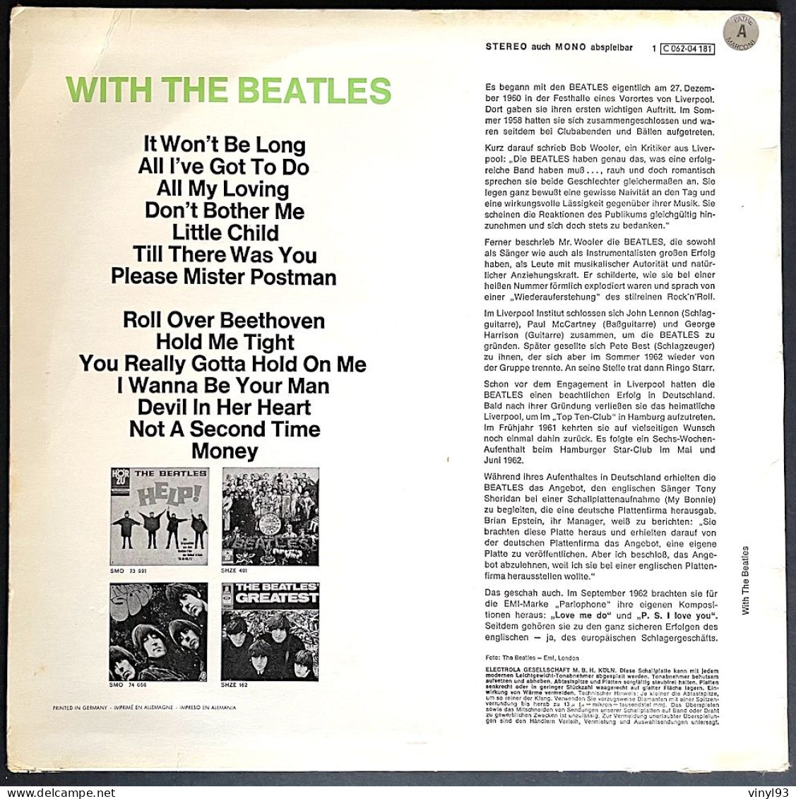 1969 - LP 33T Des Beatles - Reissue - "With The Beatles" - Album Import Vg+ - Printed In Germany - Odéon 1 C 062-04181 - Autres - Musique Anglaise