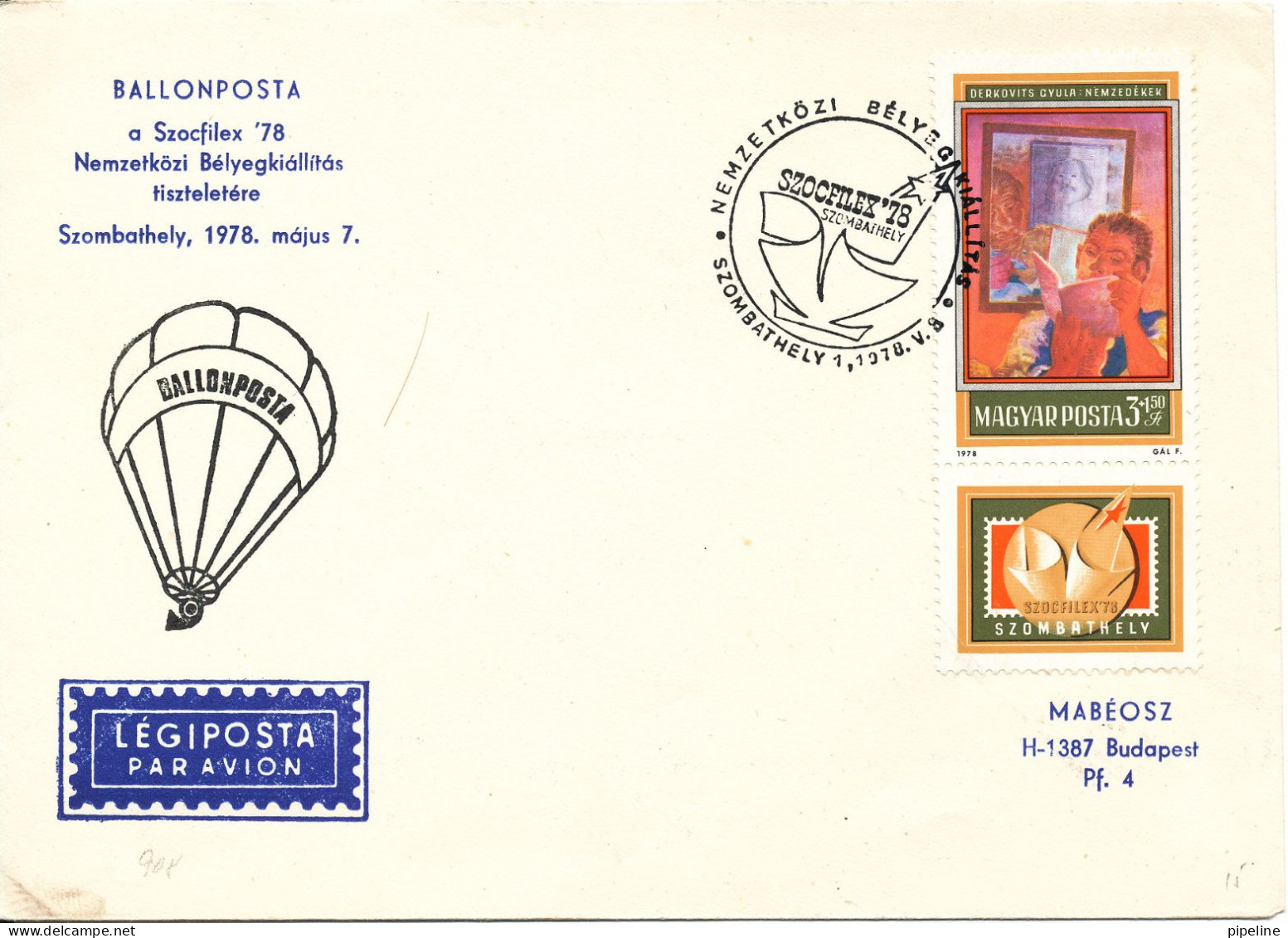 Hungary Cover Szocfilex 78 Balloonpost 7-5-1978 With Balloon Cachet - Covers & Documents