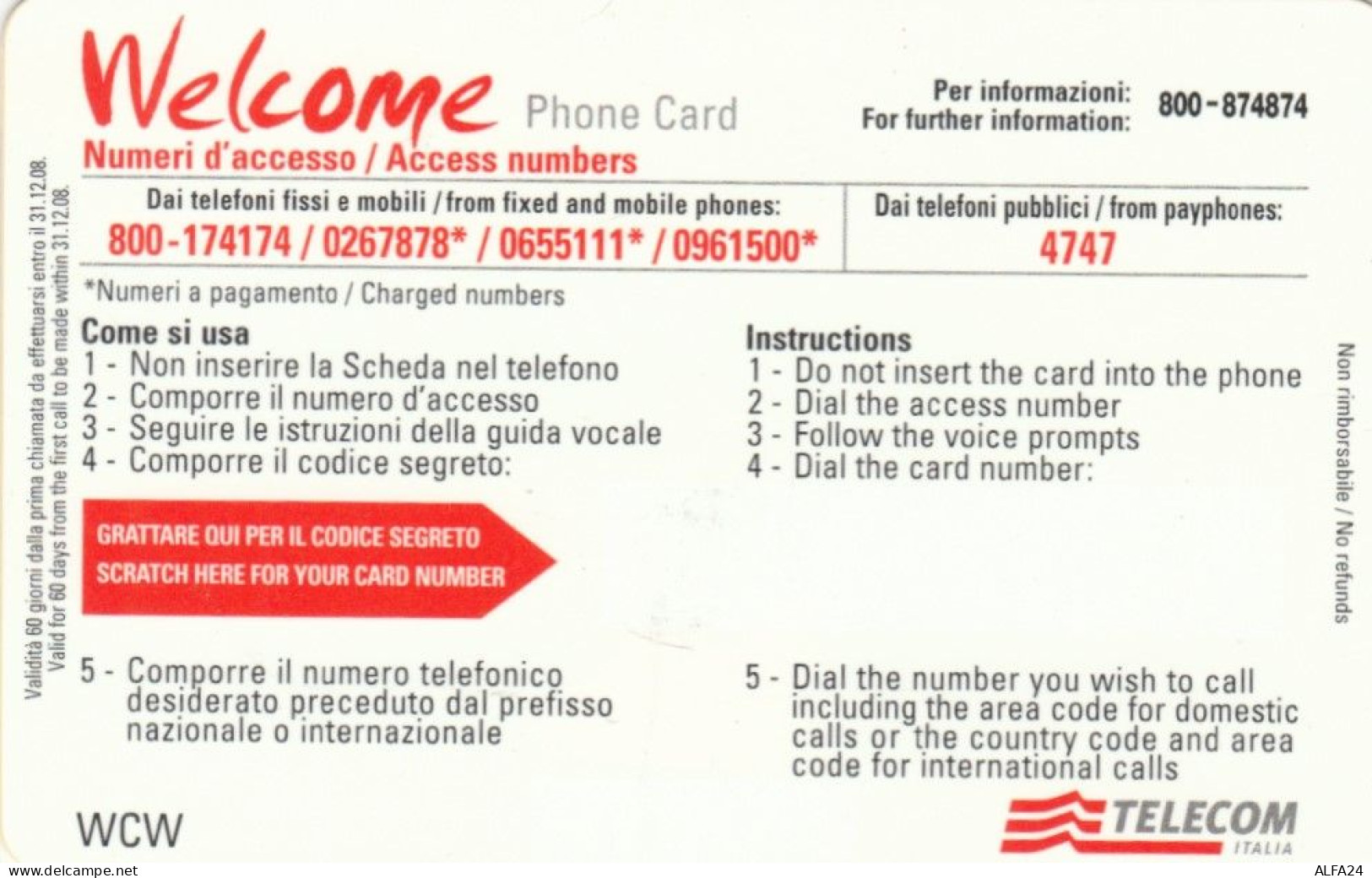 PREPAID PHONE CARD TELECOM WELCOME PROTOTIPO WCW (E77.39.2 - Tests & Servicios