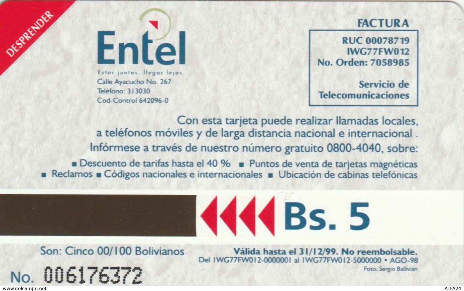 PHONE CARD BOLIVIA URMET NEW (E78.31.5 - Bolivia