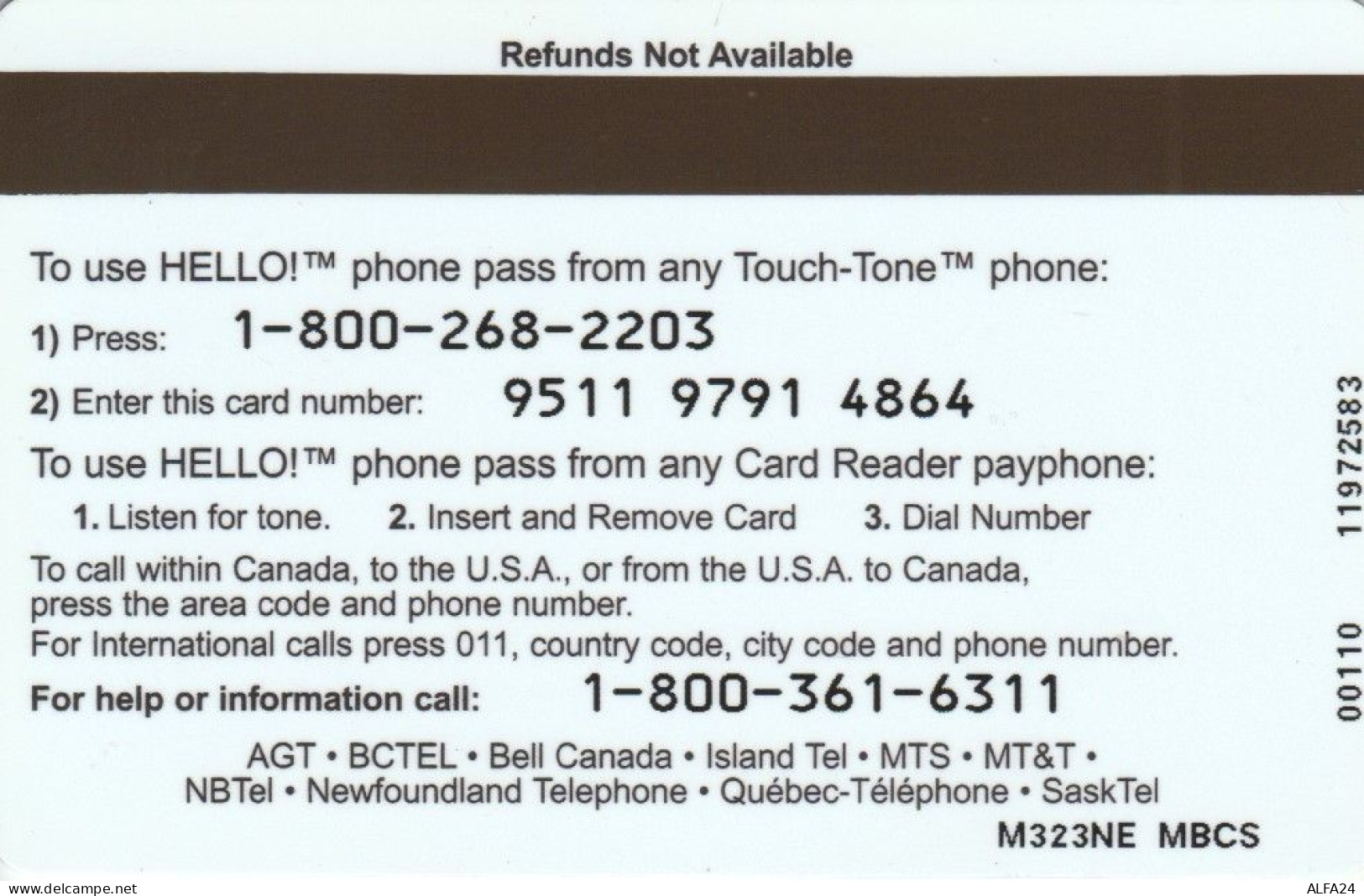 PREPAID PHONE CARD CANADA  AGT (E78.3.1 - Canada