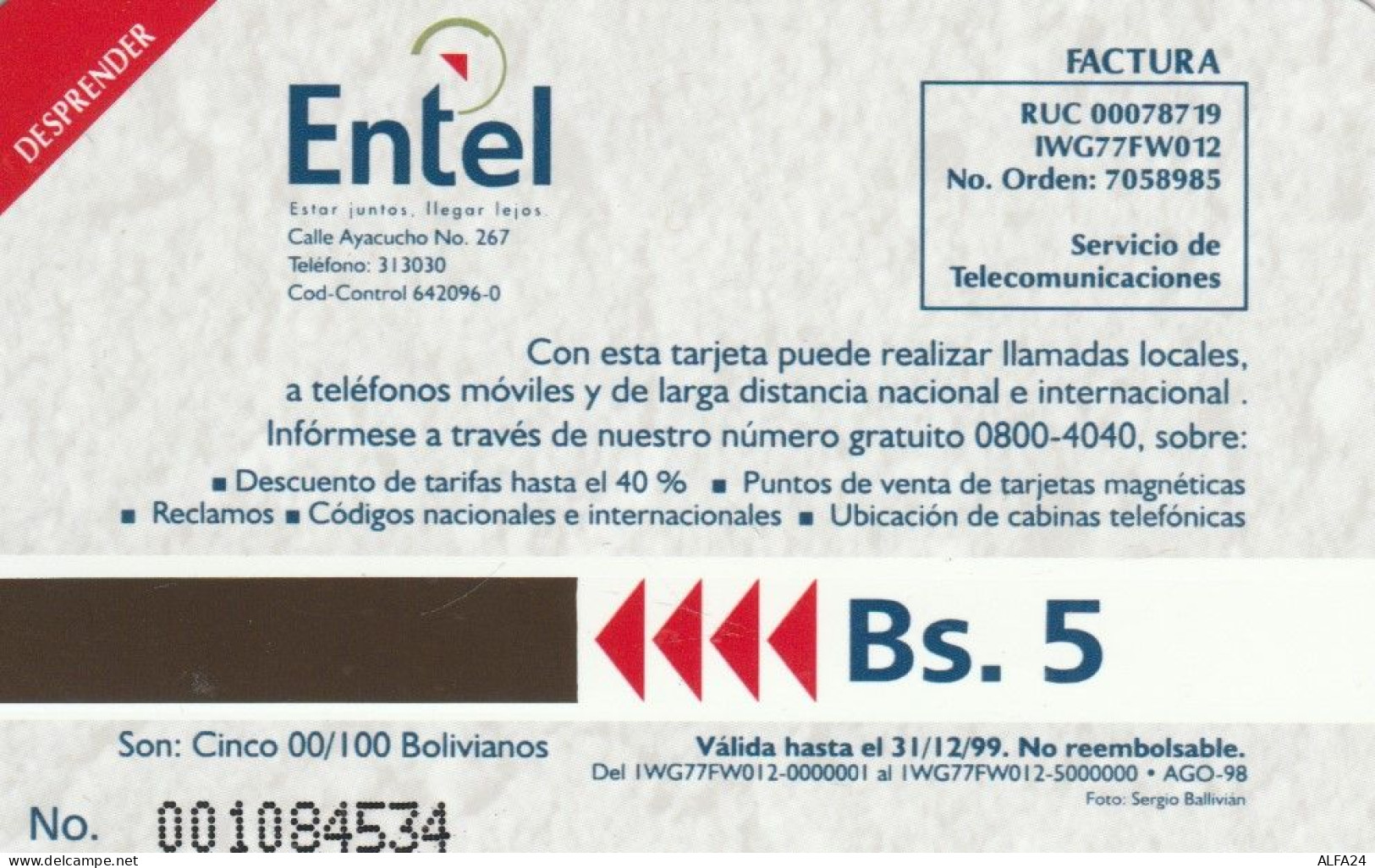 PHONE CARD BOLIVIA URMET NEW (E79.18.5 - Bolivien