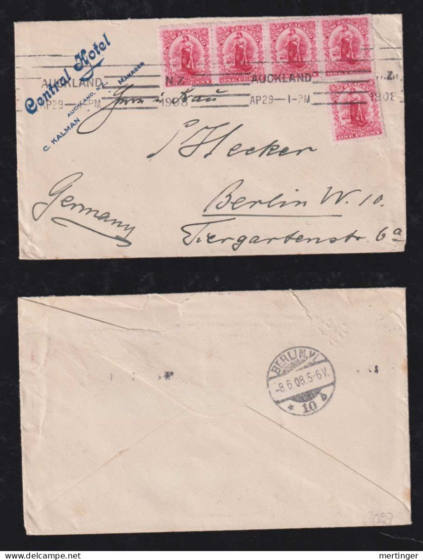 New Zealand 1908 Cover 5x 1d AUKLAND X BERLIN Germany Central Hotel Advertising - Brieven En Documenten