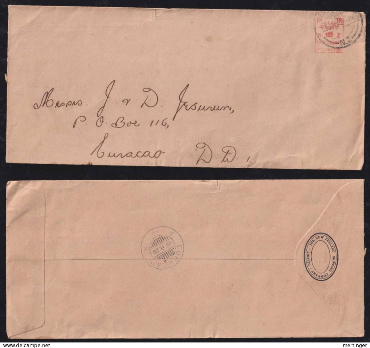 New Zealand 1929 Meter Cover WELLINGTON X Dutch CURACAO - Covers & Documents