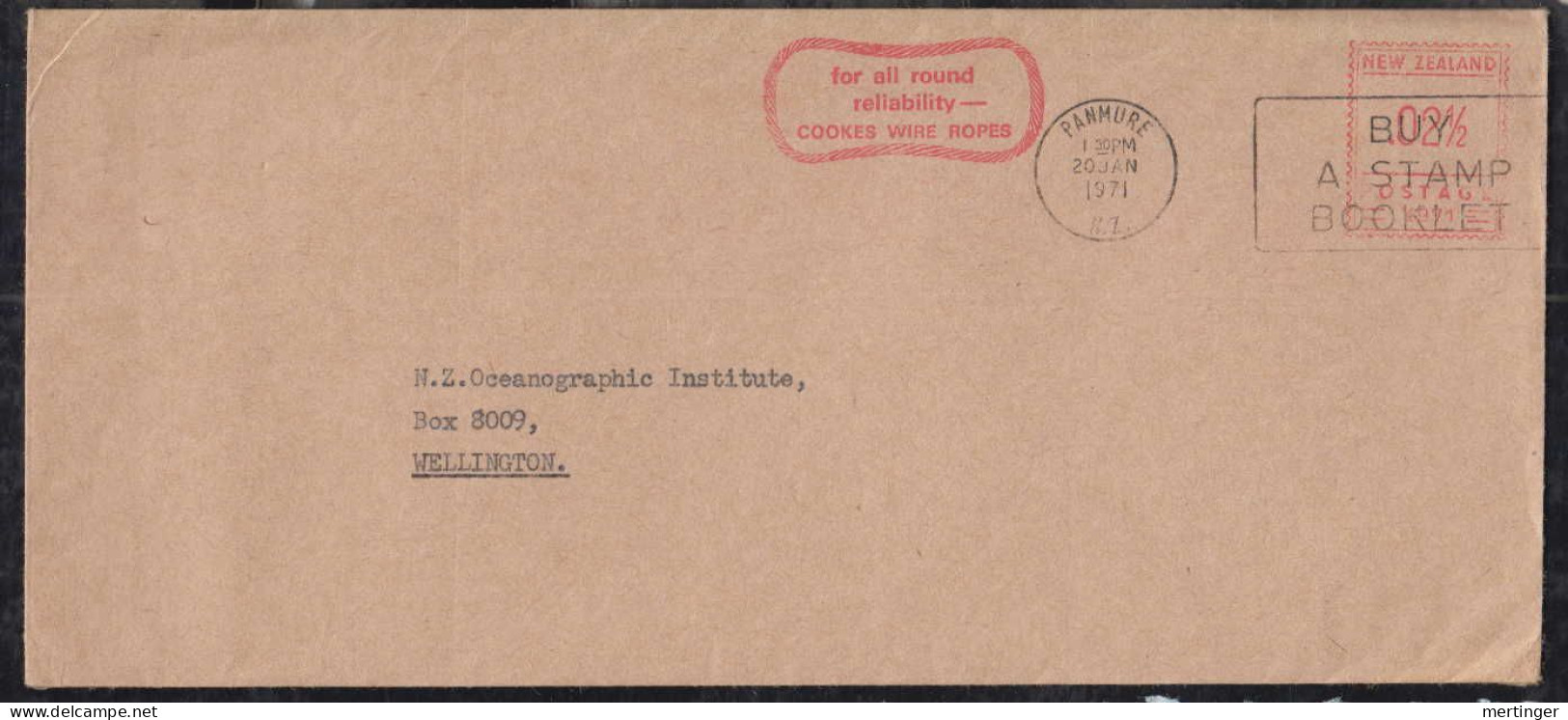 New Zealand 1971 Meter Cover 3c PANMURE To WELLINGTON Cookes Wire Ropes - Storia Postale