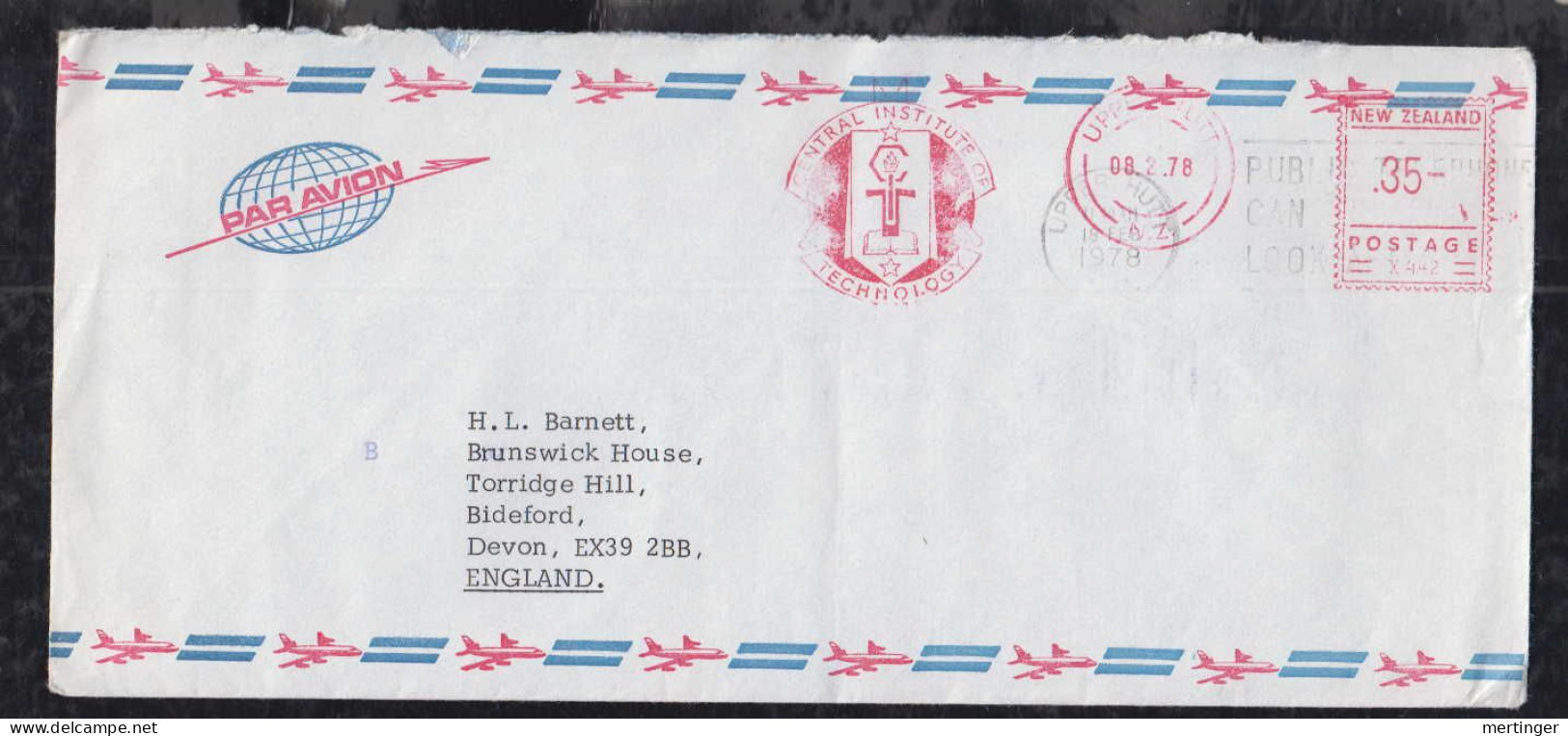 New Zealand 1978 Meter Airmail Cover 35c UPPER HUTT To Bideford England Central Institute Of Technology - Cartas & Documentos