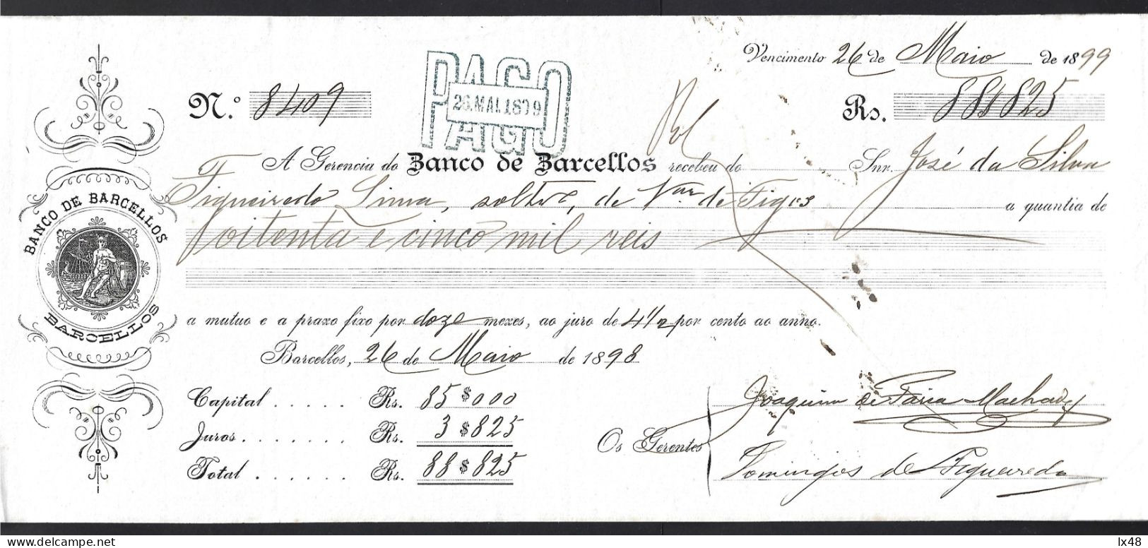 Certificate Of Deposit The Bank Of Barcelos 1898. God Of Commerce, Mercury. Hermes. Wine Barrel. Caravel. Banco Barcelos - Portugal