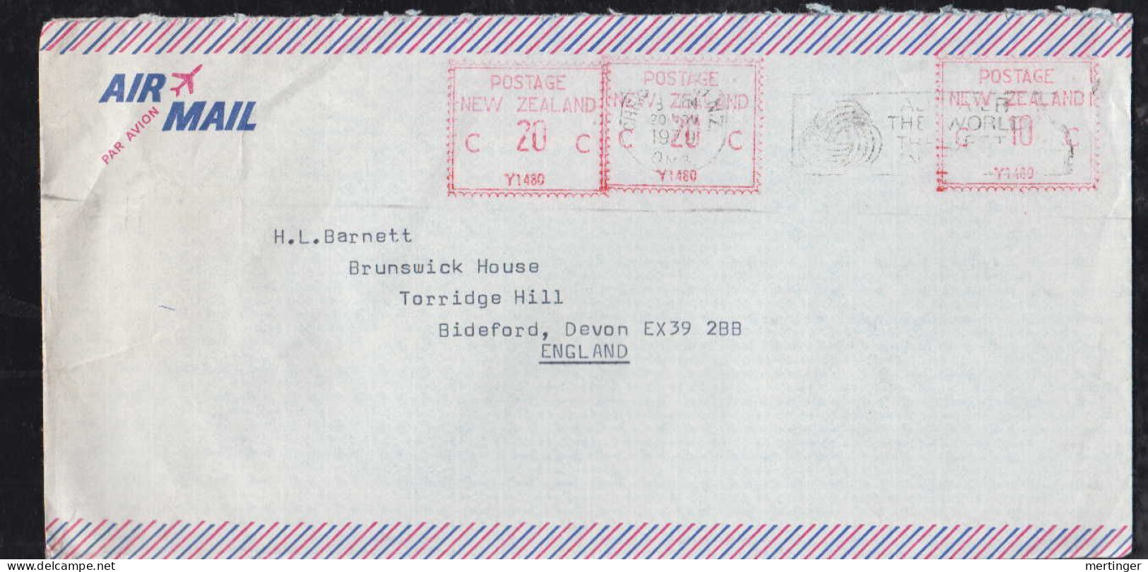 New Zealand 1979 Meter Airmail Cover 2x20c + 10c CHRISTCHURCH To BIDEFORD England - Lettres & Documents