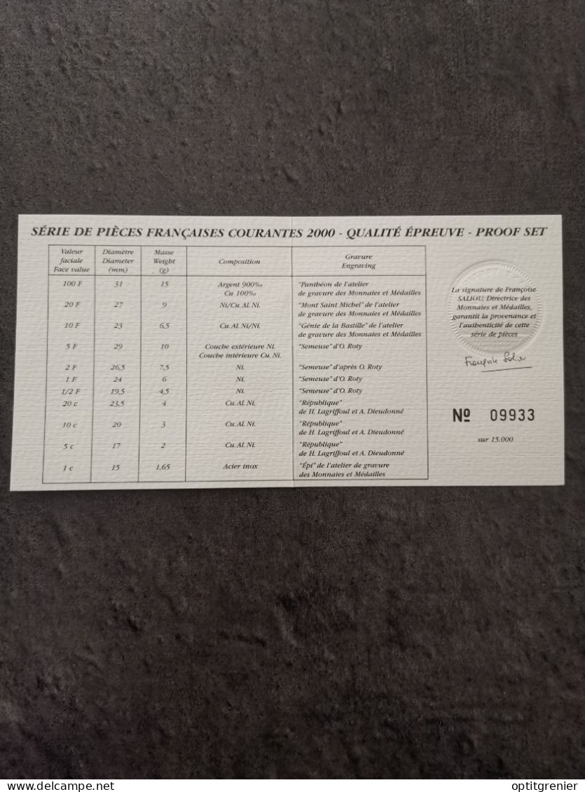 CERTIFICAT D'AUTHENTICITE COFFRET BE FRANCS 2000 FRANCE N° 09933 / PROOF - BU, Proofs & Presentation Cases