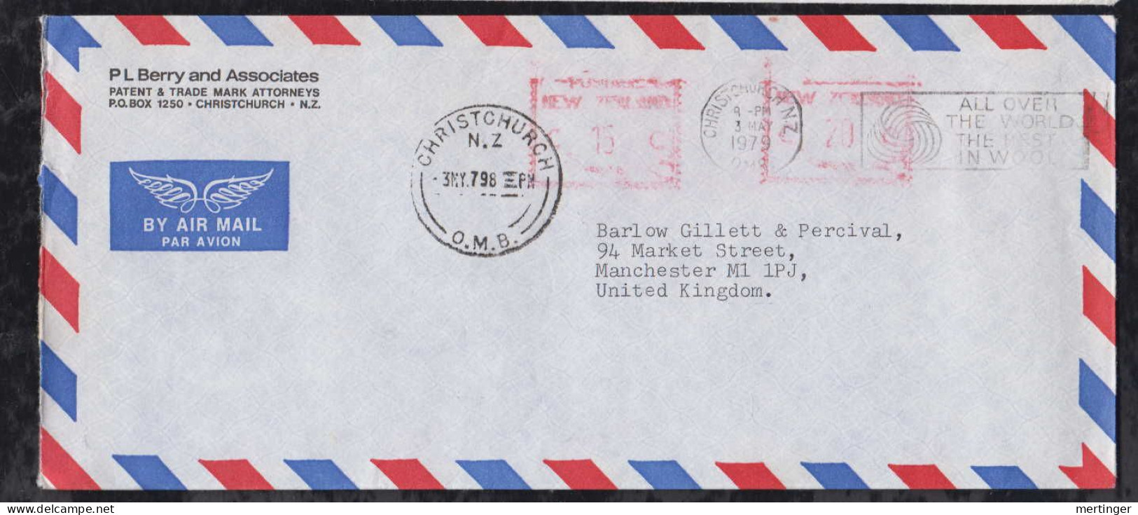 New Zealand 1979 Meter Airmail Cover 20c + 15c CHRISTCHURCH To MANCHESTER England - Briefe U. Dokumente