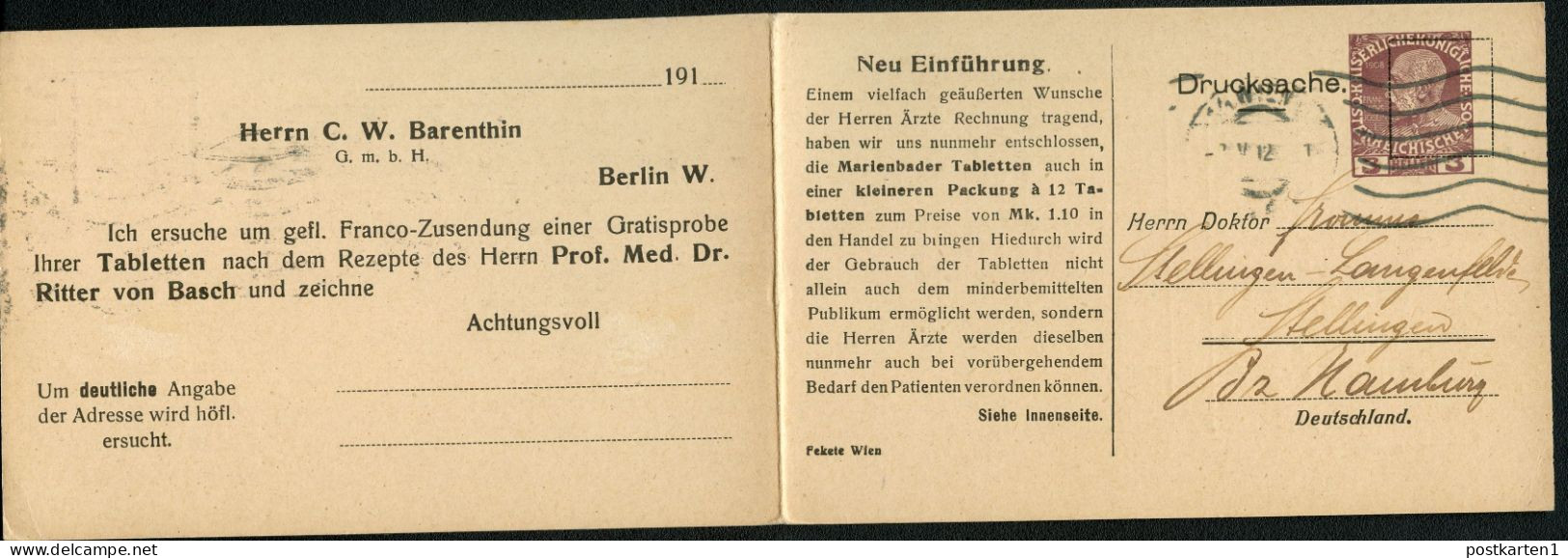 PRIVAT-DOPPEL-POSTKARTE PP28 Marienbader Tabletten Wien - Hamburg-Stellingen 1912 - Pharmacy