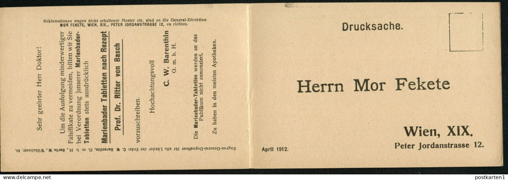 PRIVAT-DOPPEL-POSTKARTE PP28 Marienbader Tabletten Wien - Hamburg-Stellingen 1912 - Apotheek