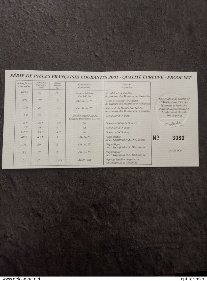 CERTIFICAT D'AUTHENTICITE COFFRET BE FRANCS 2001 FRANCE N° 3080 / PROOF - BU, Proofs & Presentation Cases