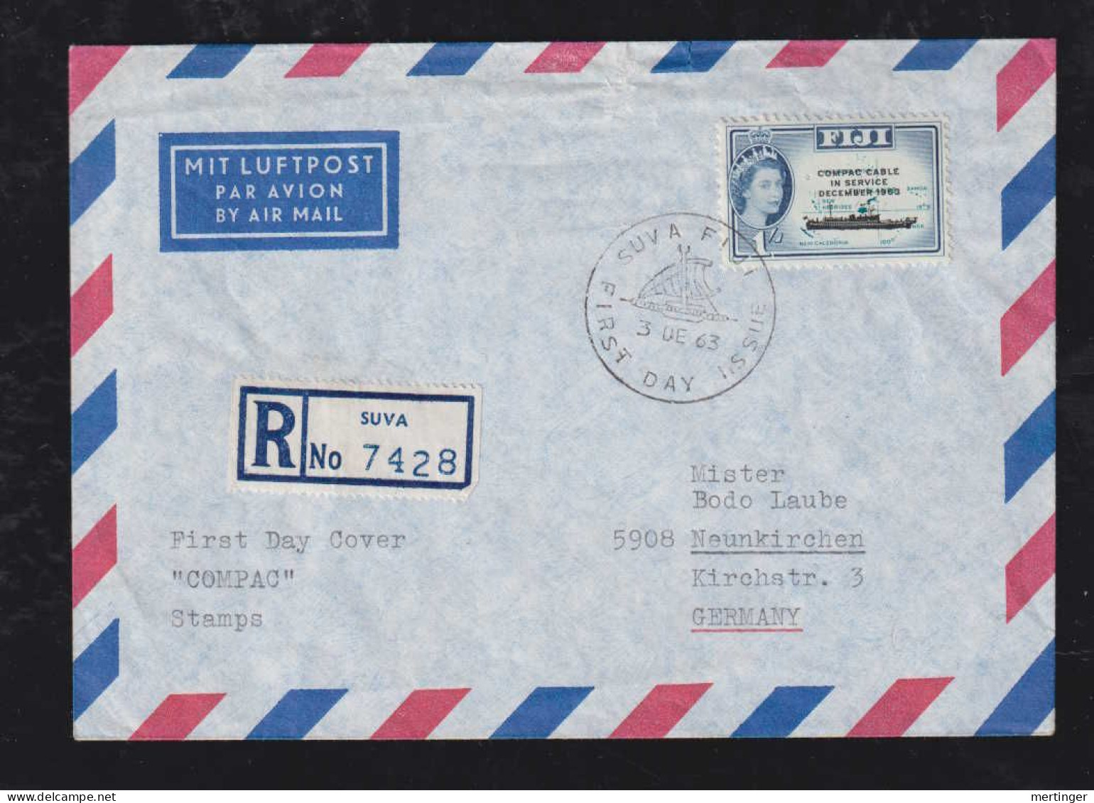 Fiji 1963 Airmail Registered FDC Cover SUVA X NEUNKIRCHEN Germany COMPAC Stamp - Fiji (...-1970)
