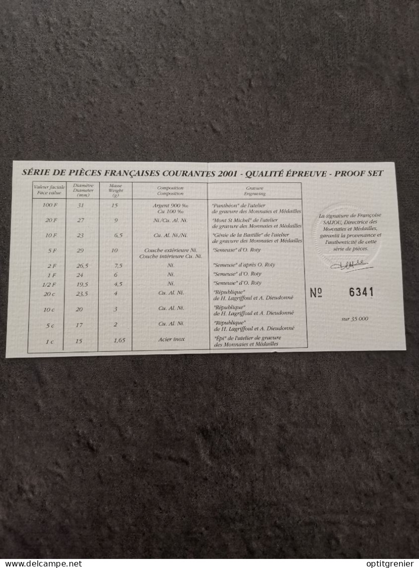 CERTIFICAT D'AUTHENTICITE COFFRET BE FRANCS 2001 FRANCE N° 6341 / PROOF - BU, BE & Münzkassetten