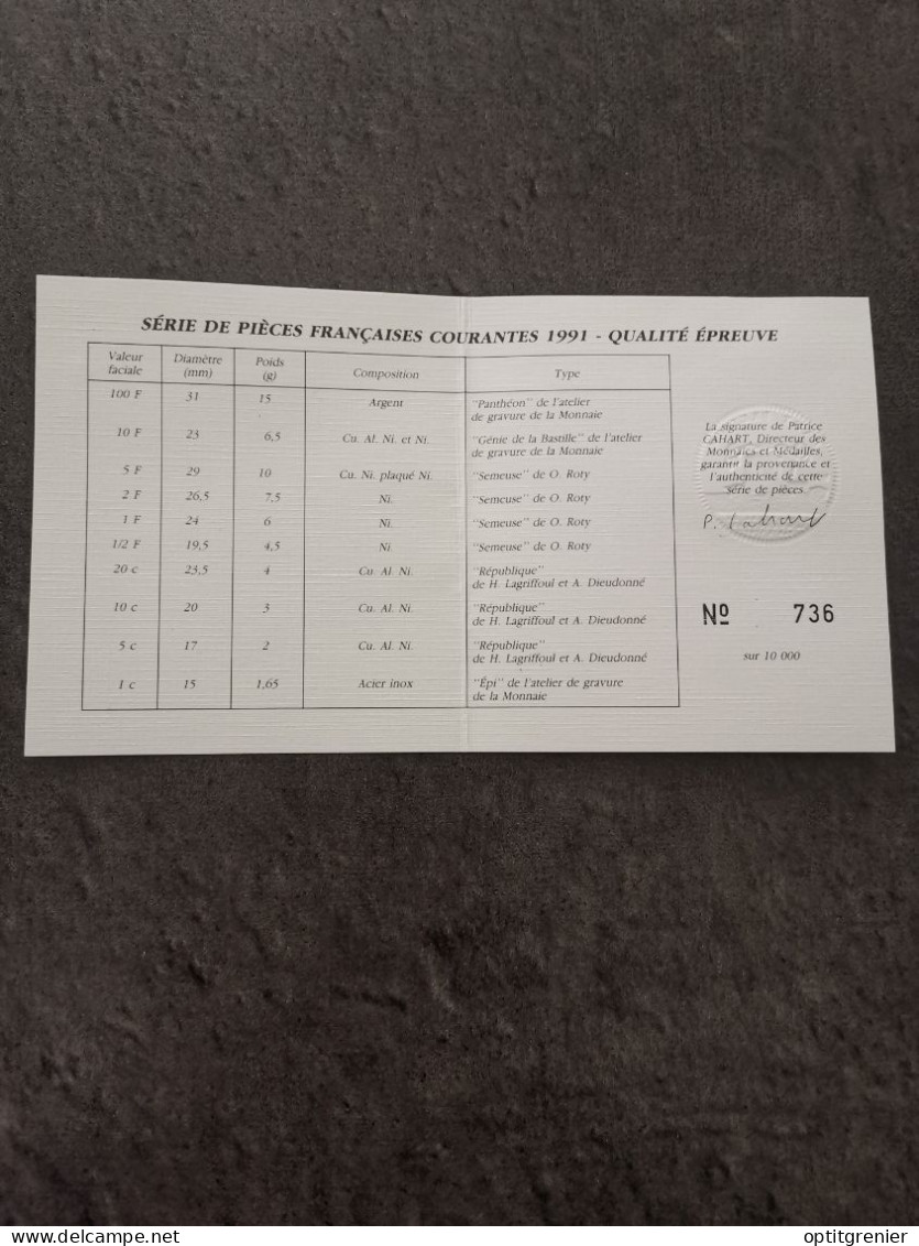 CERTIFICAT D'AUTHENTICITE COFFRET BE FRANCS 1991 FRANCE N° 736 / PROOF - BU, BE & Coffrets