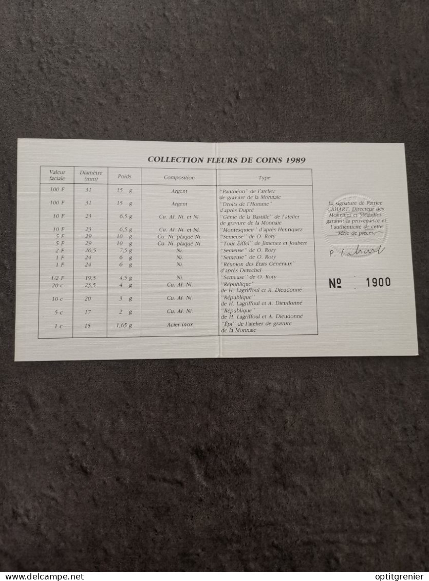 CERTIFICAT D'AUTHENTICITE COFFRET FDC FRANCS 1989 FRANCE N° 1900 / FLEURS DE COINS - BU, Proofs & Presentation Cases