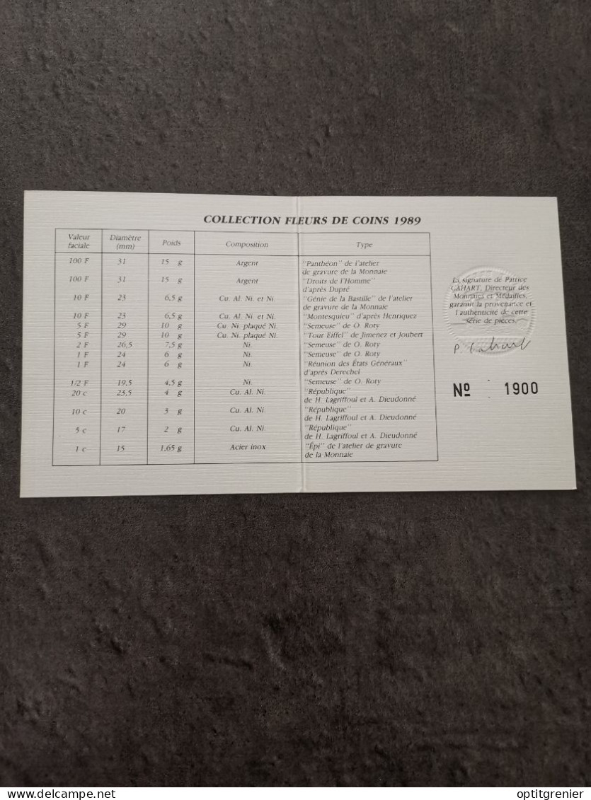 CERTIFICAT D'AUTHENTICITE COFFRET FDC FRANCS 1989 FRANCE N° 1900 / FLEURS DE COINS - BU, BE & Estuches