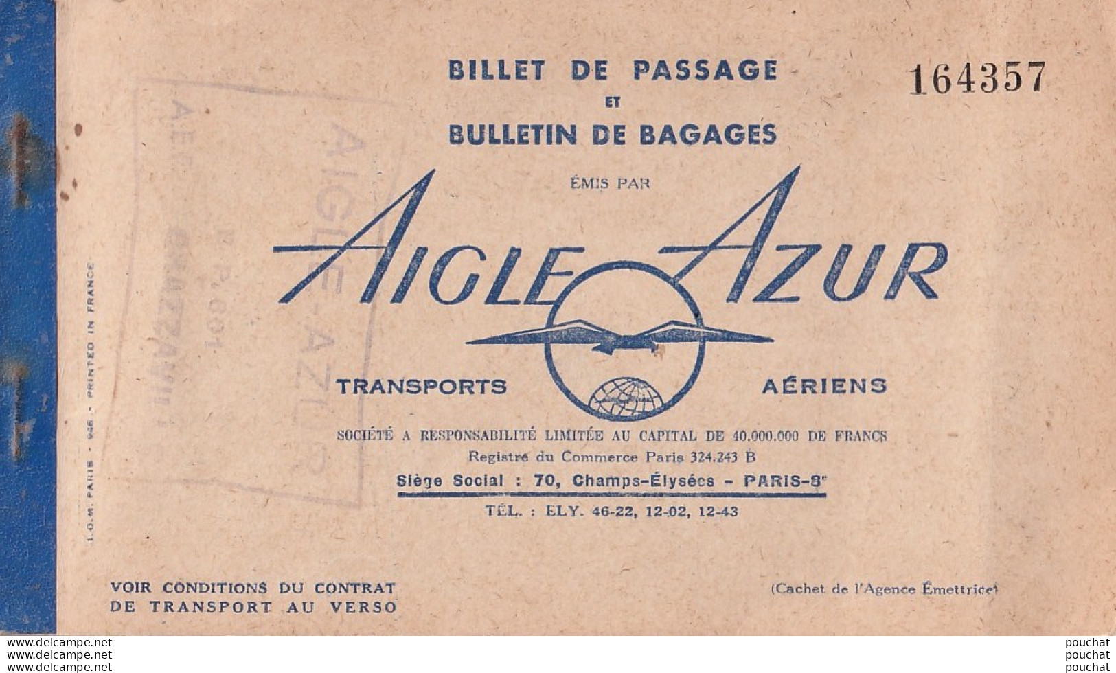 BILLET DE DE TRANSPORTS AERIENS - AIGLE - AZUR - CONGO - BRAZZAVILLE - PARIS - 28 JUIN 1953 - 4 SCANS - Mondo