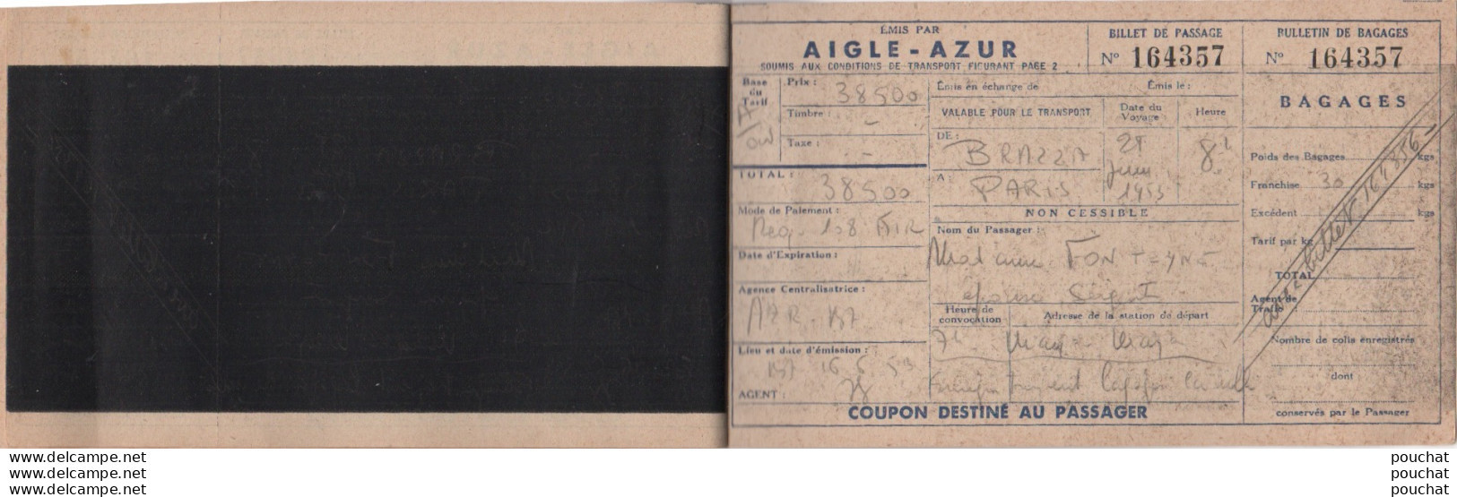 BILLET DE DE TRANSPORTS AERIENS - AIGLE - AZUR - CONGO - BRAZZAVILLE - PARIS - 28 JUIN 1953 - 4 SCANS - World