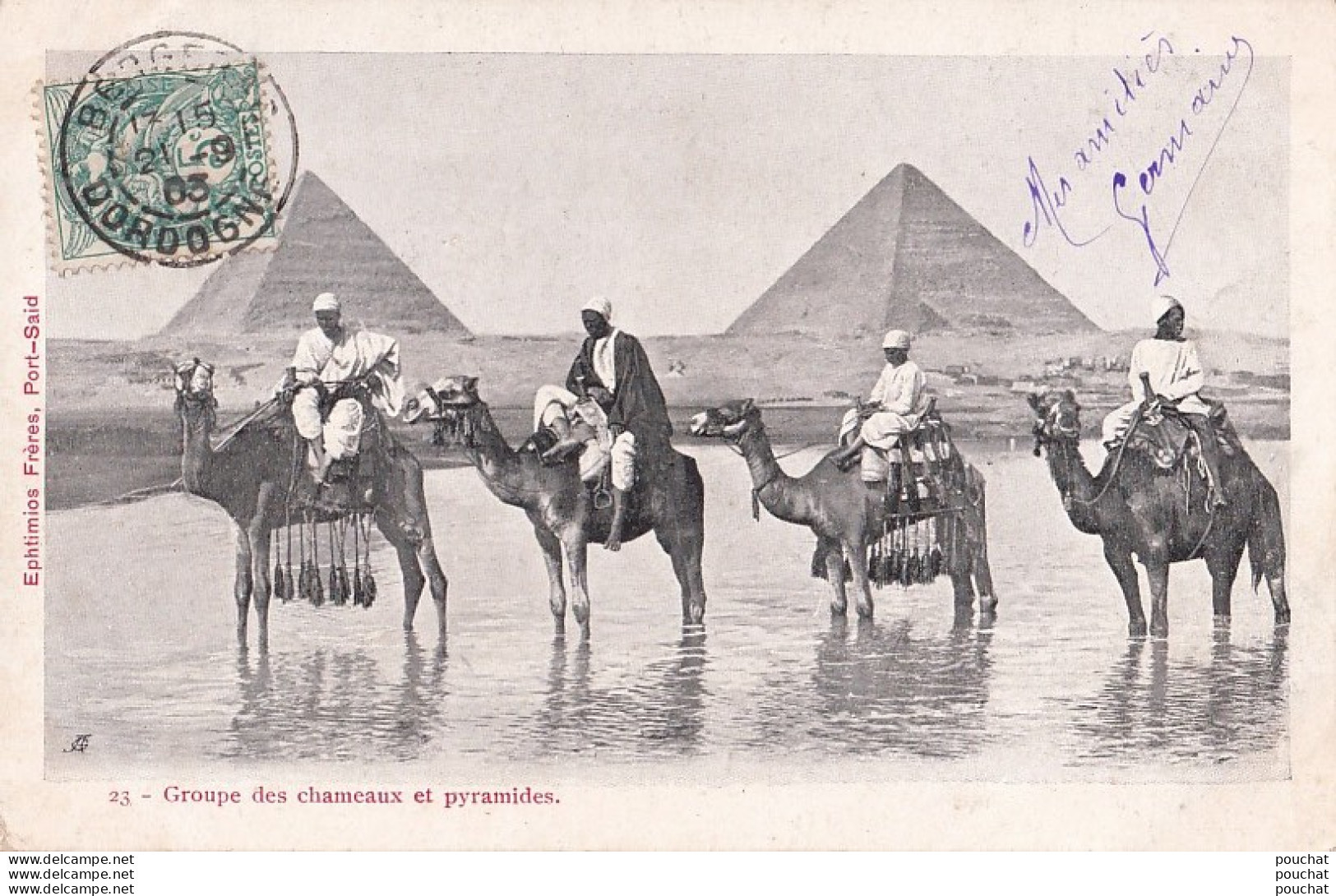 L21- EGYPTE - GROUPE DES CHAMEAUX ET PYRAMIDES - EDIT. EPHTIMIOS FRERES , PORT SAID - EGYPT  - EN 1903   - Piramidi