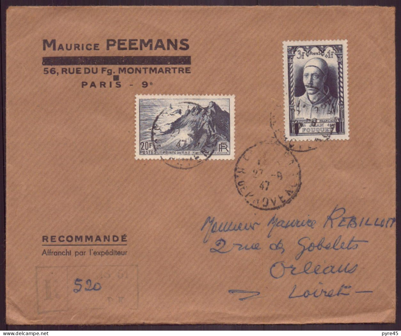 Enveloppe Recommandée, à En-tête " Peemans, Paris " Du 27 Août 1947 Pour Orléans - Otros & Sin Clasificación