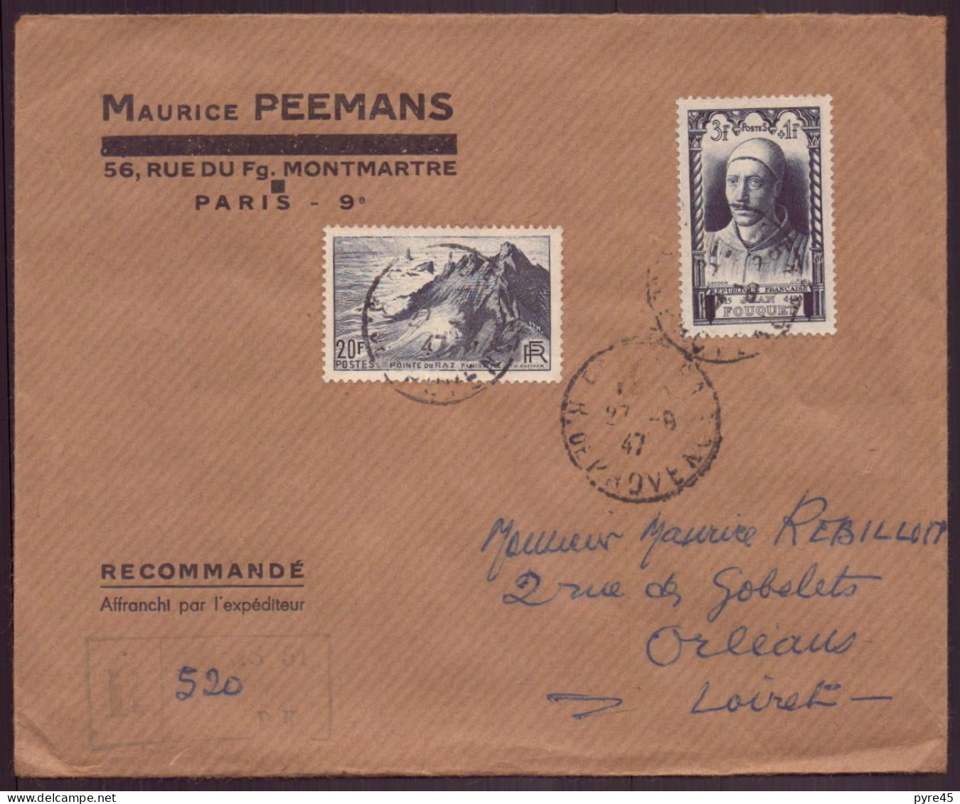 Enveloppe Recommandée, à En-tête " Peemans, Paris " Du 27 Août 1947 Pour Orléans - Autres & Non Classés