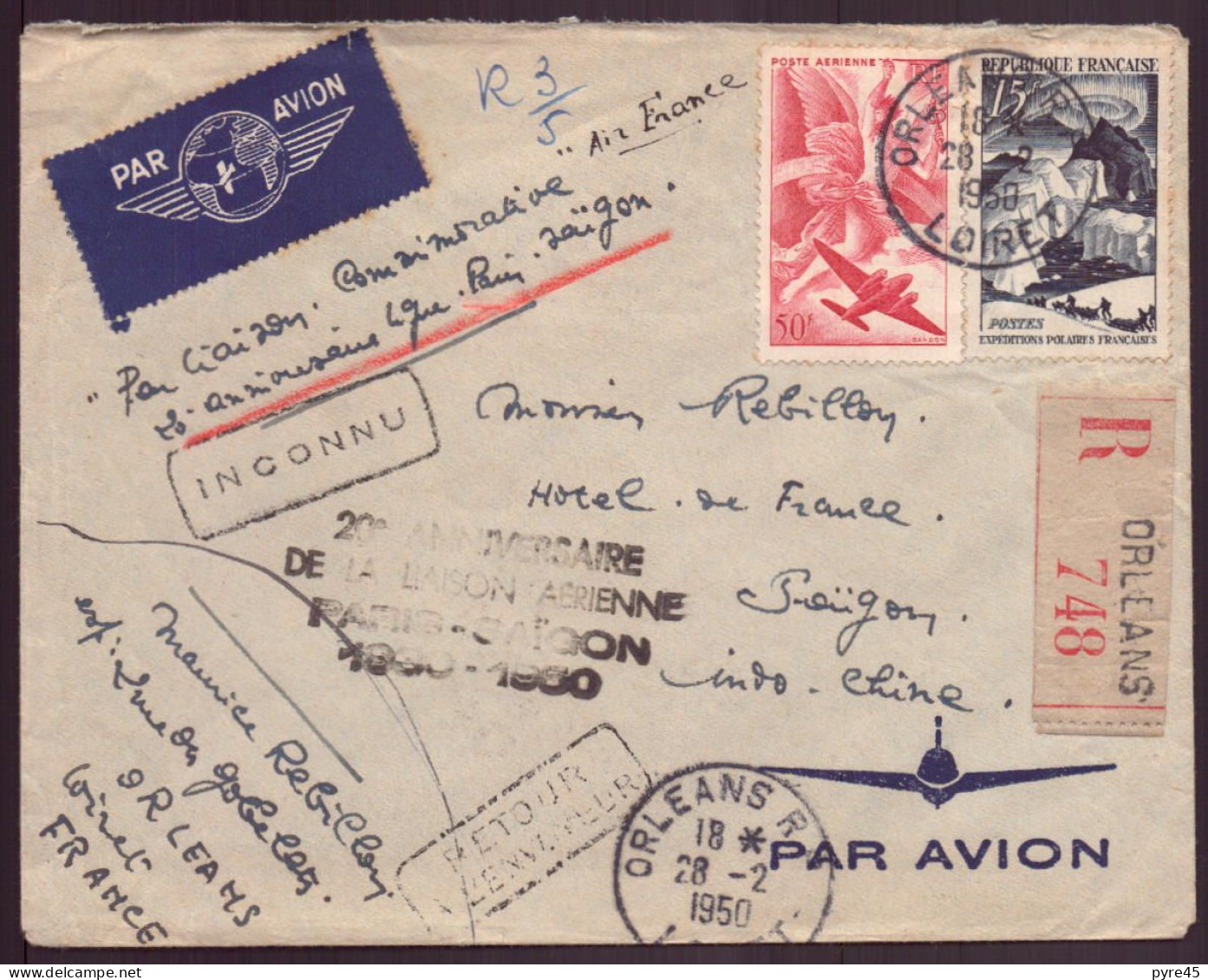 Enveloppe Recommandée Du 28 Février 1950 Pour Orléans, Tampon Anniversaire Liaison Vol Paris Saïgon - Other & Unclassified