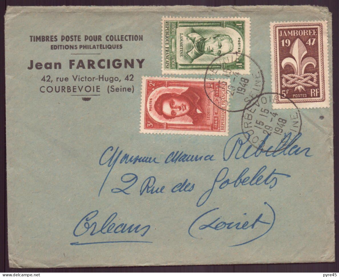 Enveloppe à En-tête " Farcigny, Timbres, Courbevoie " Du 29 Avril 1948 Pour Orléans - Autres & Non Classés