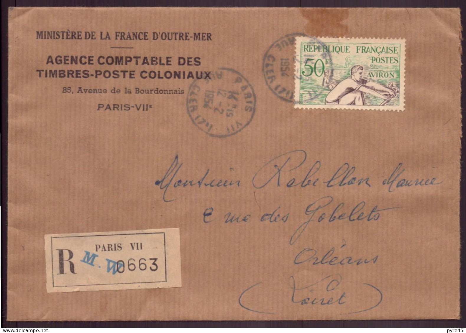 Enveloppe Recommandée à En-tête " Ministère De La France D'Outre-mer " Du 12 Février 1954 Pour Orléans - Other & Unclassified