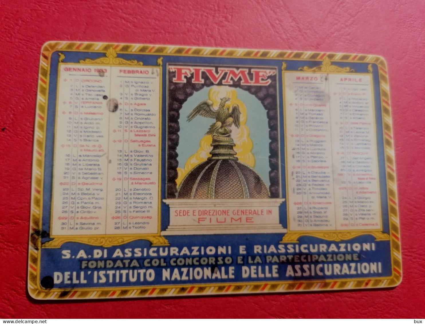 1933 Fiume Rijeka Assicurazione Calendario Tascabile  Pubblicitario Profumo - Formato Piccolo : 1921-40