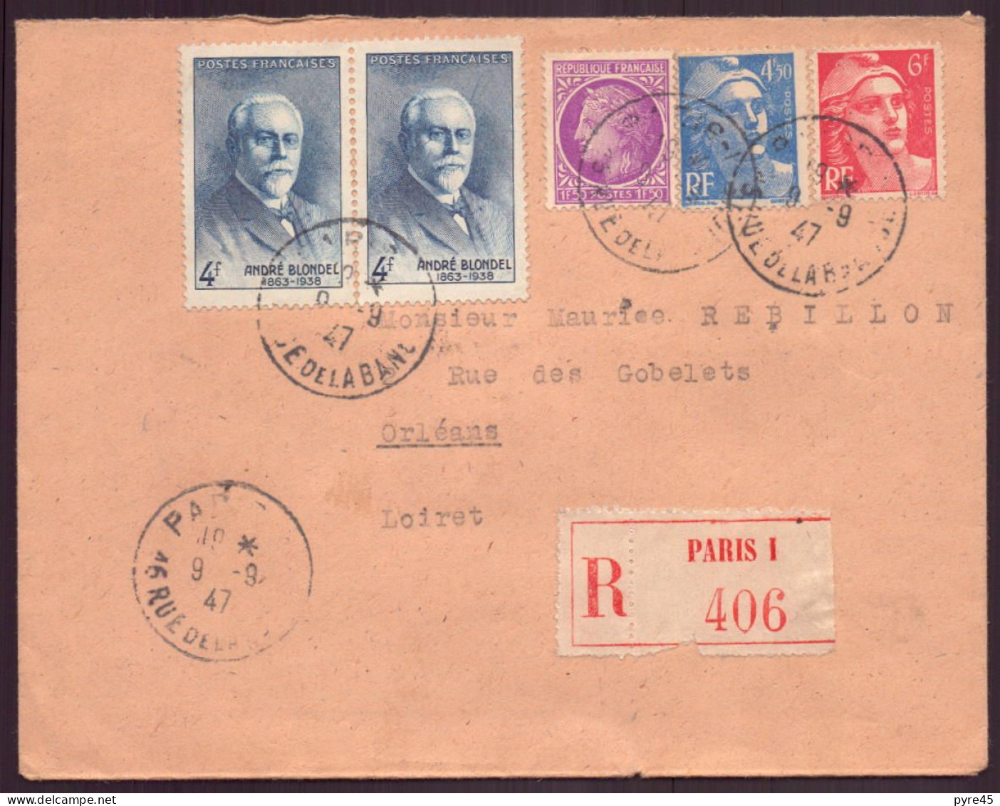 France, Enveloppe Recommandée Du 9 Septembre 1947 De Paris Pour Orléans - Sonstige & Ohne Zuordnung