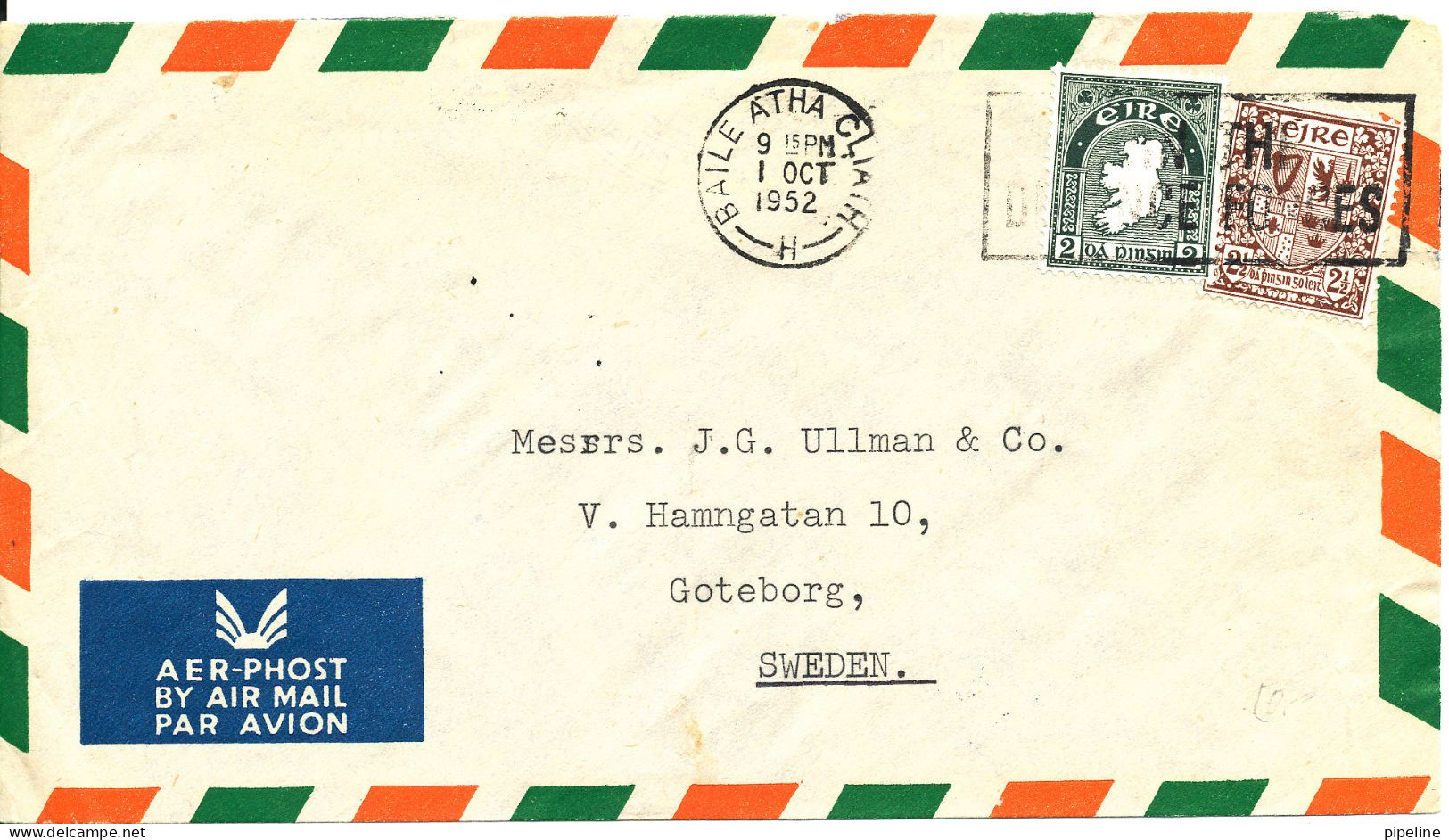 Ireland Air Mail Cover Sent To Sweden 1-10-1952 - Luchtpost