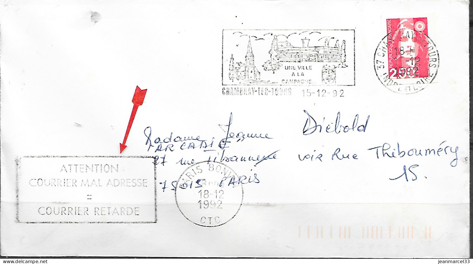 Curiosité Empreinte SECAP =o De Paris Bonvin CTC Du 18-12 1992 "Attention Courrier Mal Adressé - Briefe U. Dokumente