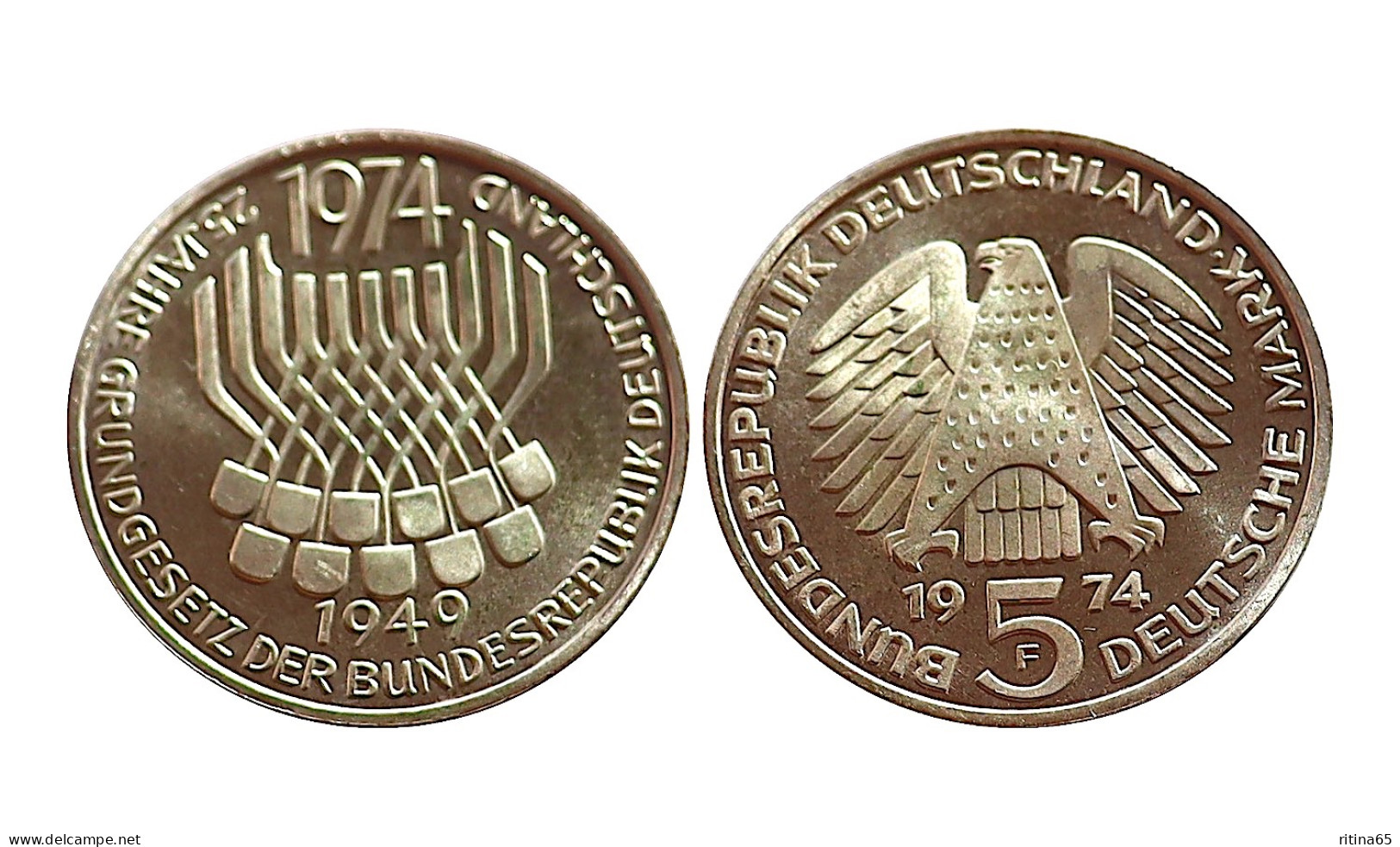 GERMANIA 5 MARK 1974 F COSTITUZIONE PROOF IN ARGENTO KM# 138 - 5 Marcos