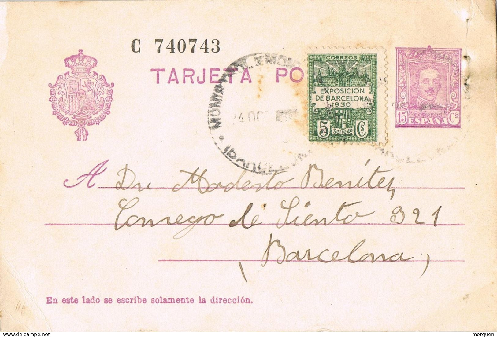 53301. Entero Postal MONISTROL De MONTSERRAT (Barcelona) 1930. Carteria, Recargo Exposicion - 1850-1931