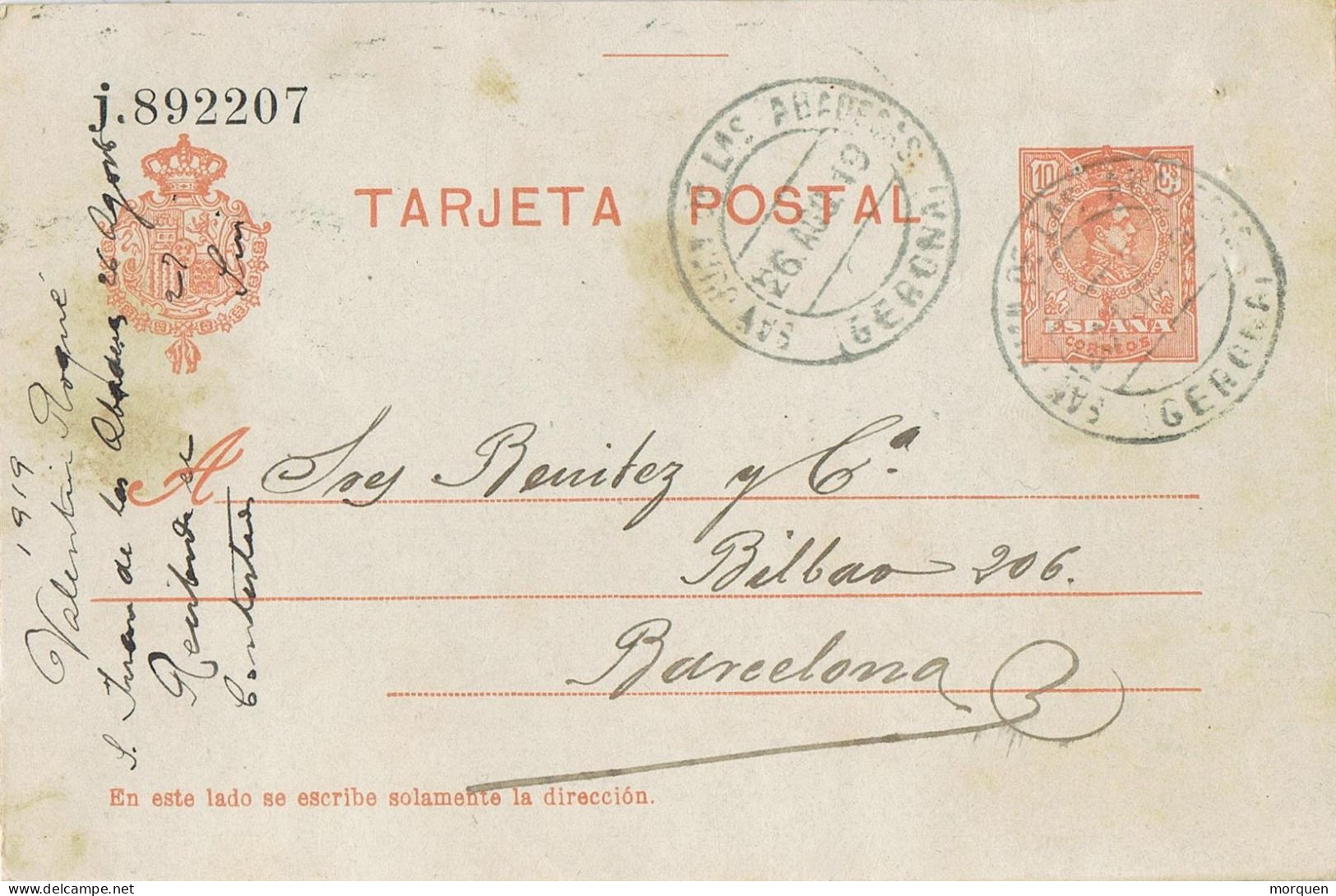 53303. Entero Postal SAN JUAN De Las ABADESAS (Gerona) 1919. Alfonso XIII Medallon - 1850-1931