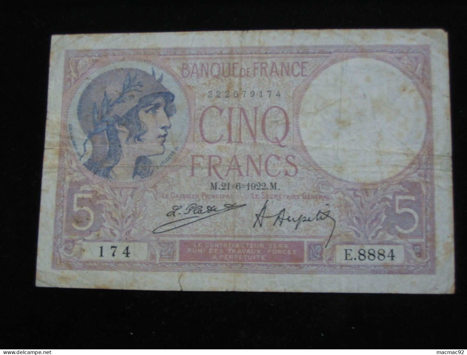 5 Francs - Cinq Francs Violet  21-6-1922   **** EN ACHAT IMMEDIAT **** - 5 F 1917-1940 ''Violet''