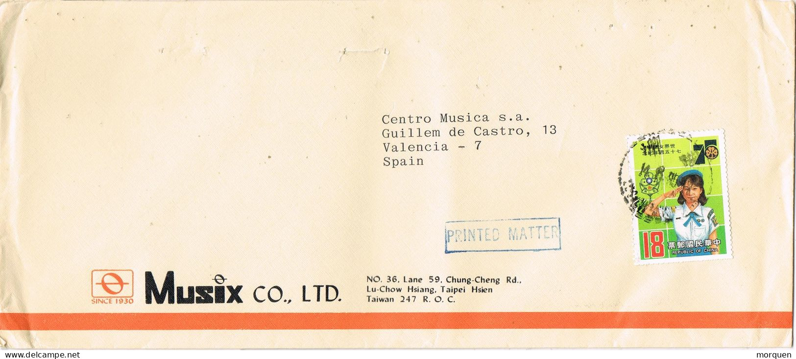 53308. Carta  Aerea Impresos TAIPEI HSIEN (Taiwan) 1986. Comercial Music To Spain. Stamp Scouts, Guide - Storia Postale