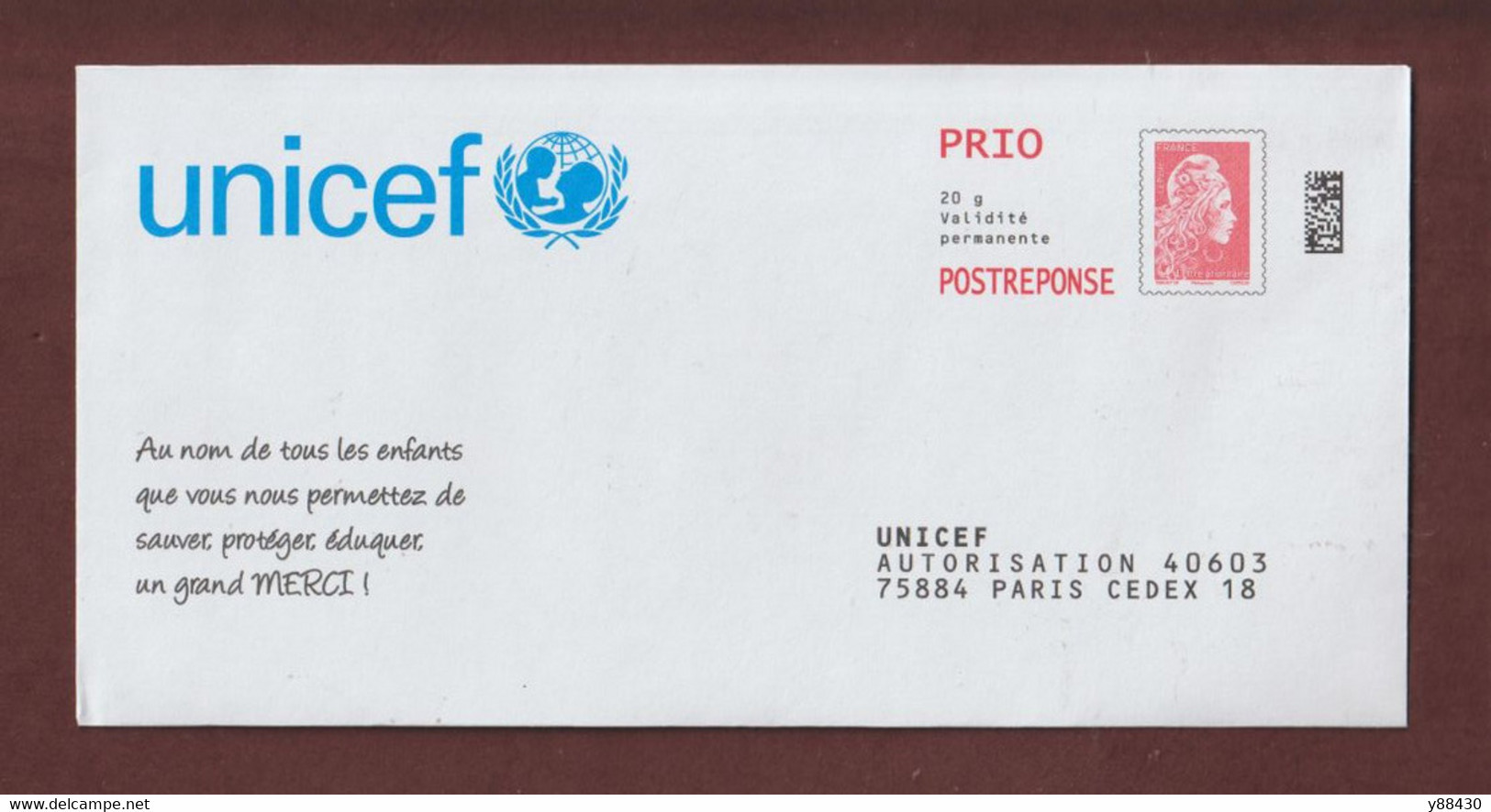 PAP - UNICEF à PARIS CEDEX 18 - N° Au Dos: 299214 - Neuf ** -  Prioritaire - Repiquage Marianne L' Engagée - 2 Scan - Listos Para Enviar: Respuesta/Marianne L'Engagée