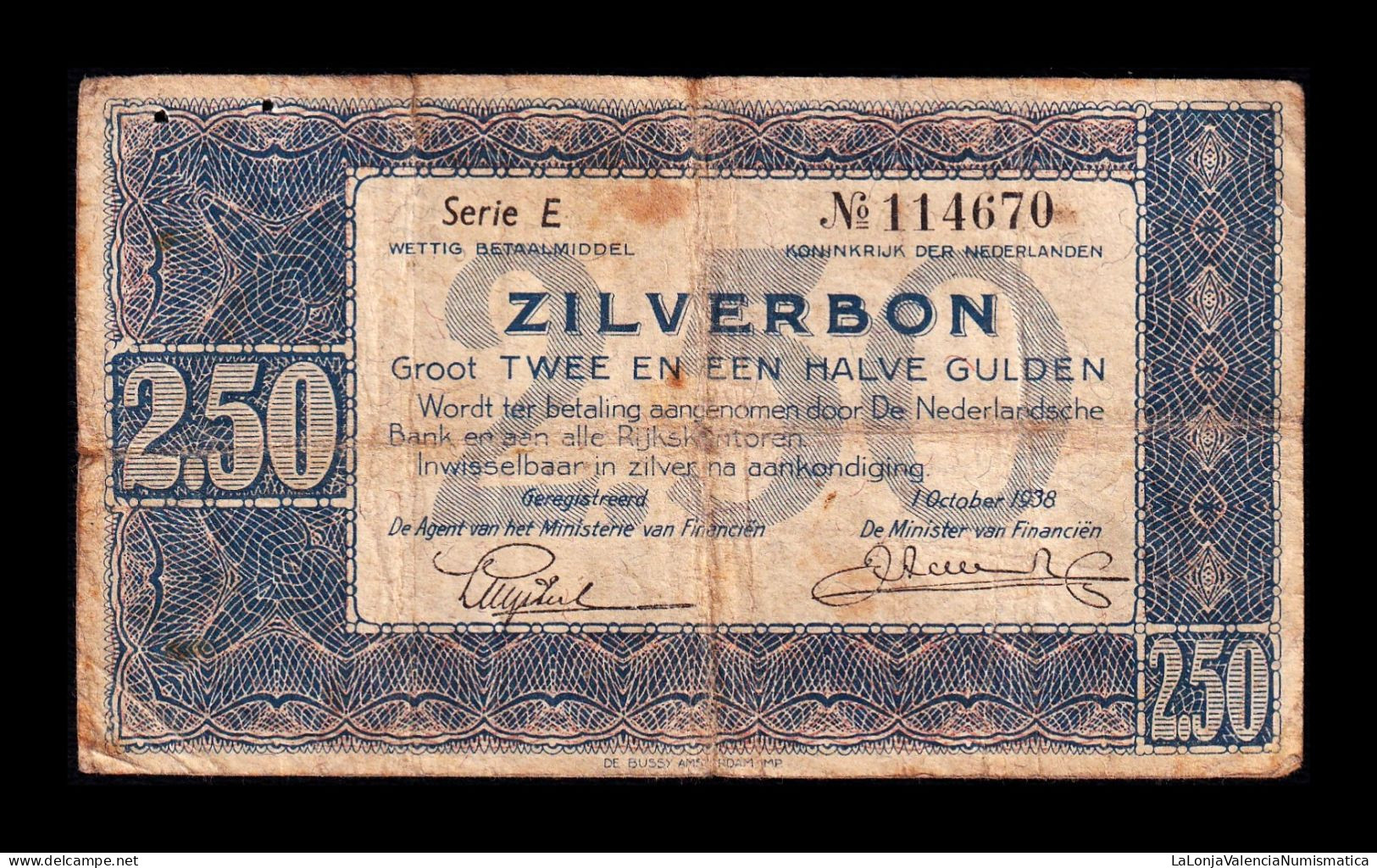 Holanda Netherlands 2,50 Gulden 1938 Pick 62 Serie E Bc F - 2 1/2 Florín Holandés (gulden)