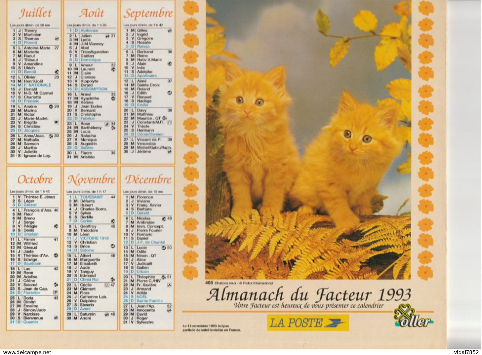 Calendrier-Almanach Des P.T.T 1993 -Chaton Tigré-Chatons Roux- Département AIN-01-Référence 405 - Tamaño Grande : 1991-00