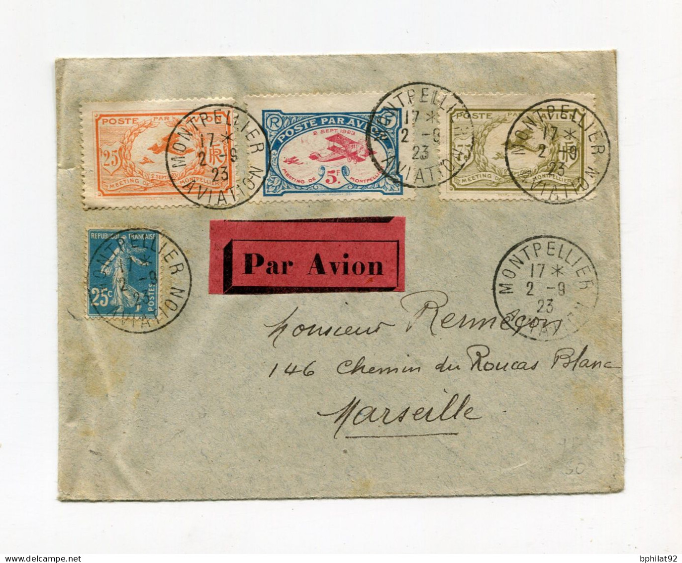 !!! VIGNETTES DU MEETING DE MONTPELLIER SUR LETTRE PAR AVION POUR MARSEILLE, CACHET MONTPELLIER AVIATION DU 2/9/1923 - Luftfahrt